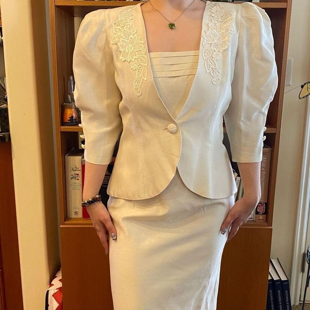 Vintage Y2K 90s Cachet Women's Cream Sheath Dress Peplum Jacket Embroidery Sz 12